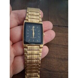 Armitron Mens Watch Gold Tone Tank Quartz Black Dial Band 20/1576 100ft Not Work